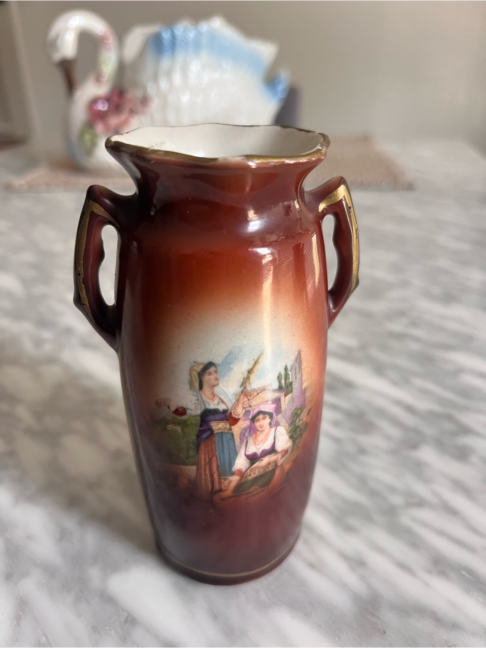 Czech Hand-Painted Brown Porcelain Double-Handled Vase